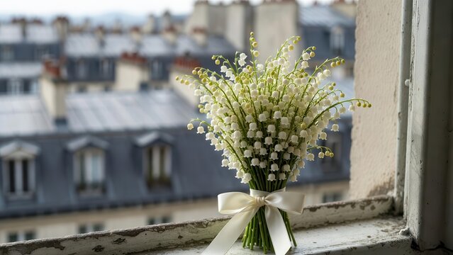 Bouquet of white flowers on a windowsill overlooking Paris rooftops