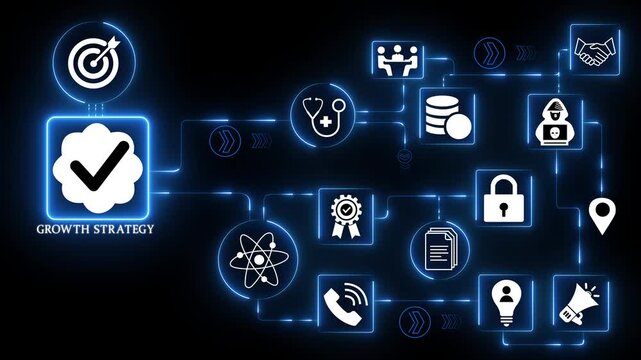 Growth strategy technology icons network with planning target chart icon illustrating business development expansion and performance improvement interface motion.