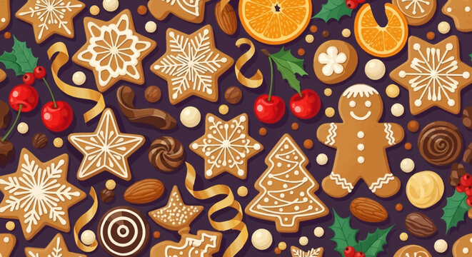 Christmas gingerbread cookies, orange slices, cherries and nuts, festive holiday background