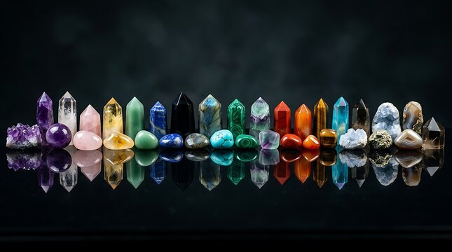 Collection of Healing Crystals and Gemstones on Reflective Surface