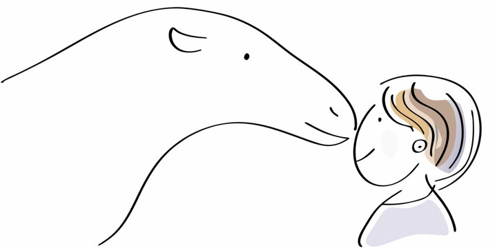 horse and child illustration simple line drawing on white background