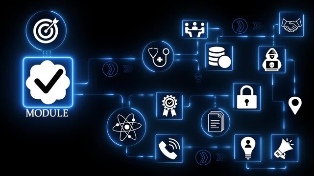 Module technology icons network with system component integration icon illustrating software architecture structure and application development interface motion.