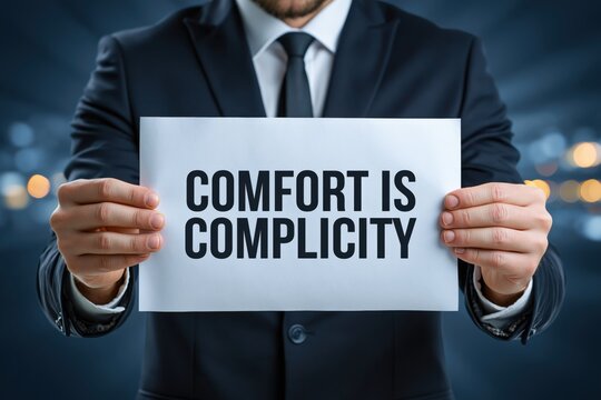 Businessman with a sign stating 'Comfort is Complicity'