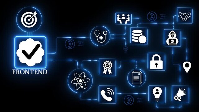 Frontend technology icons network with user interface screen design icon illustrating web application interaction and UI experience system motion.