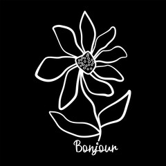 Retro groovy flower line art illustration with "Bonjour" text, white outline on black background. © gorgang