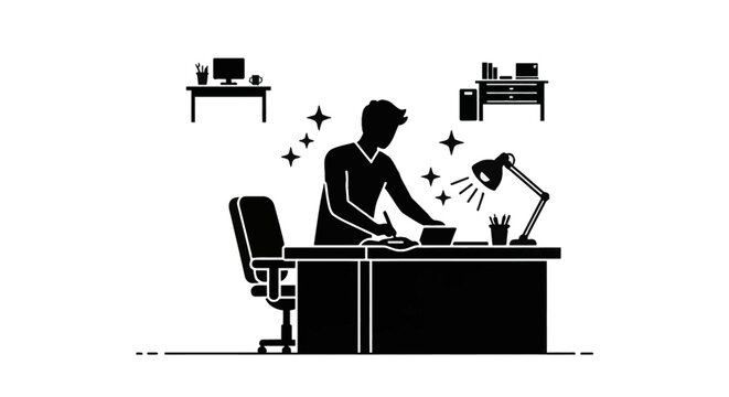 Black and white silhouette vector illustration of a male office worker cleaning his workspace desk with a cloth, featuring a desk lamp, laptop, chair, and background furniture.