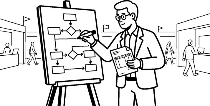 Professional man drawing a complex flowchart at a trade show