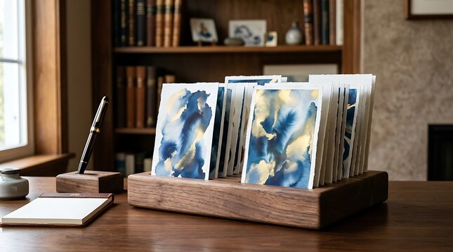 Abstract Watercolor Cards in Wooden Holder on Library Desk