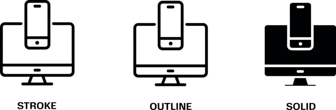 Set of responsive web design icons featuring desktop computer monitors and smartphones in stroke outline and solid flat styles