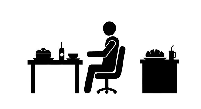 Black and white vector pictogram set showing a worker sitting at a dining table with a bowl and bottle, next to a desk with a croissant and a mug during a lunch break period.