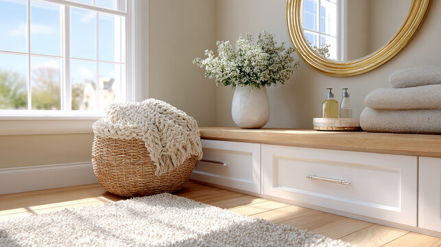 Bright nursery corner with changing table and dresser for baby room background and interior decor staging