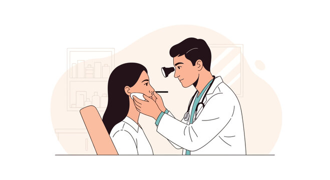 Male ENT Doctor Examining Female Patient's Ear with Otoscope During Consultation