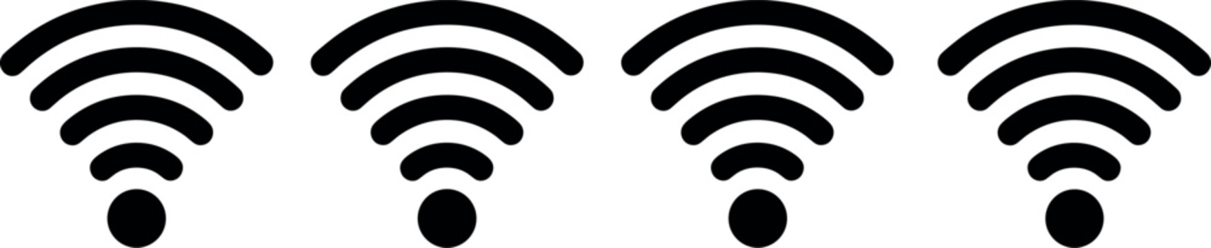 Wireless wifi signal icon set with black radio wave symbols for internet connection and network communication technology concepts