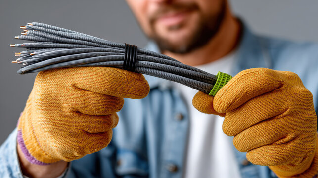 Close up of electrician hands holding stripped cable wires with protective gloves for electrical repair and wiring work background for maintenance and technical manuals