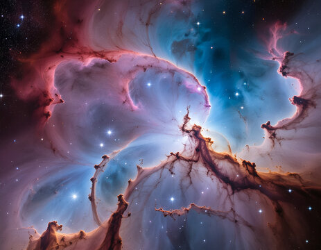 A breathtaking view of a vibrant nebula, showcasing swirling clouds of gas and dust illuminated by starlight, creating a stunning cosmic landscape.
