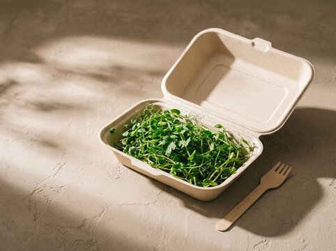 Healthy green sprouts in compostable takeout box