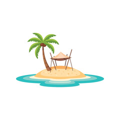 Obraz premium Tropical Island Beach Vector Illustration with Palm Trees, Hammock and Umbrella