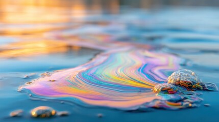 Obraz premium Close up of a thick iridescent oil slick on dark water surface, vibrant toxic rainbow swirls of petroleum, liquid texture, environmental disaster