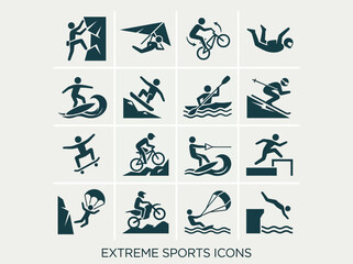Fototapeta premium Extreme Sports Icon Set Featuring 16 Vector Pictograms for Outdoor Adventure, Adrenaline Activities, and Action Sports