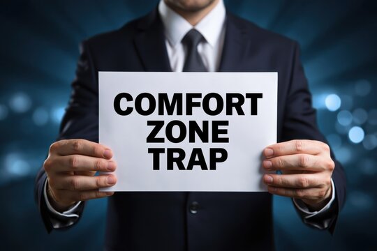 Businessman Holding a Sign Warning About the Comfort Zone Trap