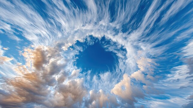 Looking up at a massive fallstreak hole in a mackerel sky, a perfect circular void in the cloud layer with feathery ice crystal fallstreaks, surreal atmospheric