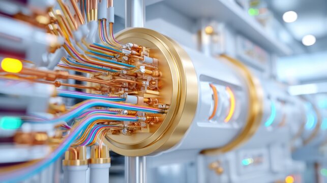 close up, quantum computing cryostat with dense wiring and shielding, lab environment