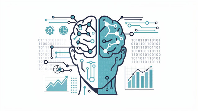 AI brain concept with digital circuits, data charts, and binary code