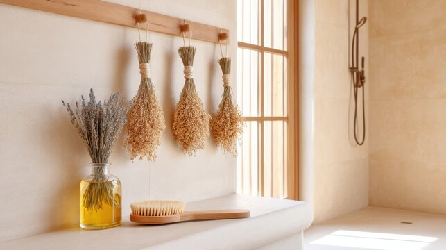 Serene close up of a bathroom corner, dried lavender bundles hanging above a minimalist shower, wooden bath brush, glass bottle with natural oil