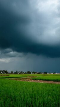 Approaching Storm over Paddy Field: Dark, heavy storm clouds gather ominously in the sky, casting a dramatic shadow over a vibrant green paddy field.