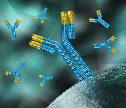 Virus and antibodies close up, microorganism, a microscopic organism, especially a bacterium, virus, or fungus. 3d rendering
