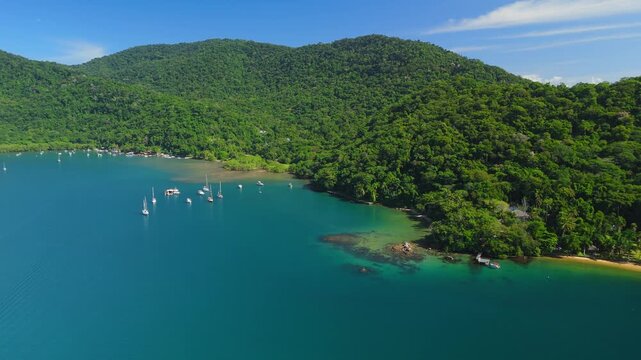 Aerial view of the calm lagoon named Saco do Ceu on the island of Ilha Grande near the town of Angra dos Reis in Brazil