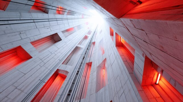 Worm's eye view inside a gravity energy storage shaft, massive textured concrete blocks suspended by heavy steel cables, glowing status lights