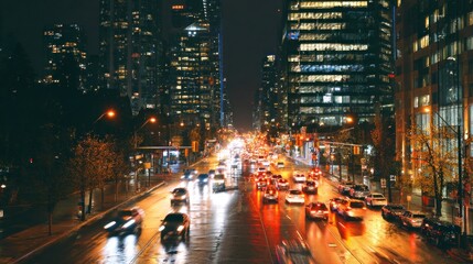 Obraz premium Night cityscape with illuminated buildings and moving vehicles
