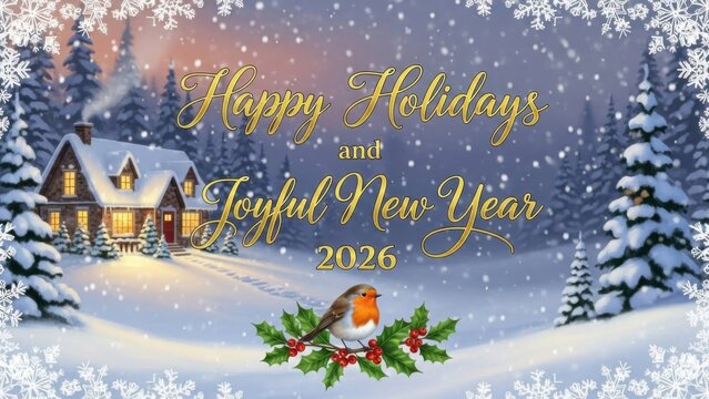 Happy Holidays and Happy New Year 2006 greeting card with snowy winter cabin and festive wreath