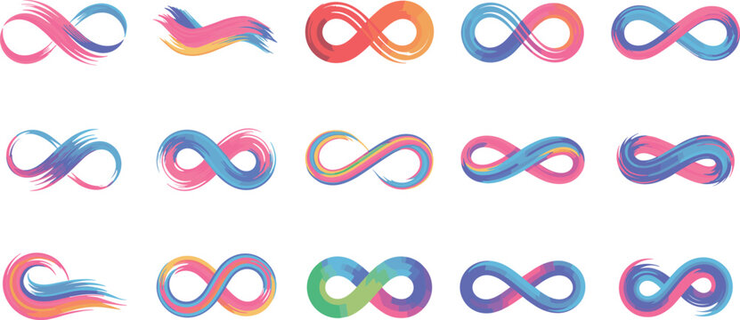 Set of colorful abstract infinity symbols with brush stroke textures and vibrant rainbow gradients for eternal life concept and creative branding design