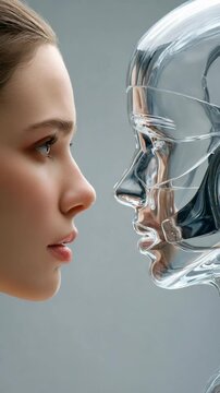 Humanity Meets Future: A profile view of a young woman gazing thoughtfully at a futuristic robot's metallic head, exploring the intersection of human and artificial intelligence.