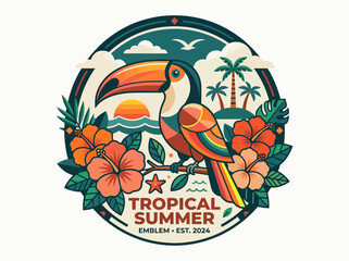 Vintage Tropical Summer Emblem with Stylized Toucan Bird, Hibiscus Flowers, and Beach Sunset Scene Vector Illustration © taufiq
