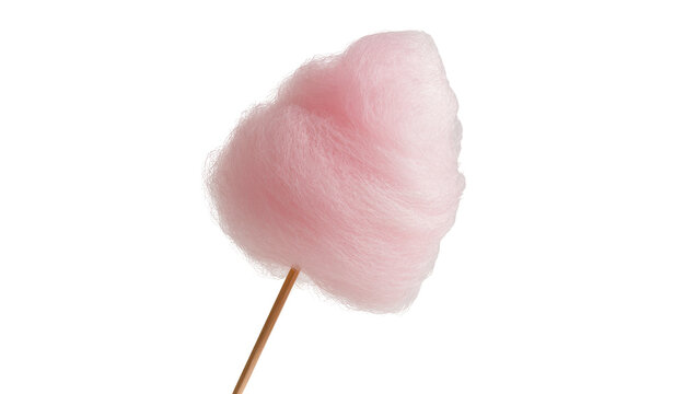 Isolated pink cotton candy, a sweet fluffy treat on a wooden stick, ideal for carnival.