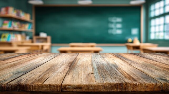 Wooden table in empty classroom with blurred background for education concept