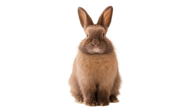 Isolated adorable brown fluffy dwarf rabbit sitting up, looking forward with soft fur.