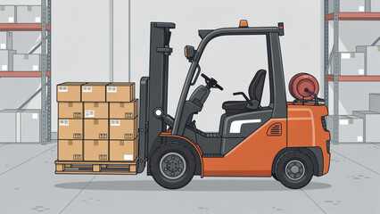 Orange forklift truck loads boxes on pallet in warehouse with shelving and storage © Jamal Gos