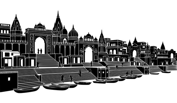 Varanasi riverfront ghats vector silhouette with temple archway and traditional Ganges architecture scene