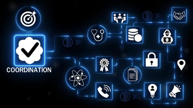 Coordination technology icons network with team workflow connection icon system showing collaboration process management and organizational efficiency interface.