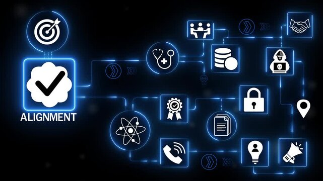 Alignment technology icons network with target connection strategy icon system illustrating business alignment coordination planning and goal synchronization interface.