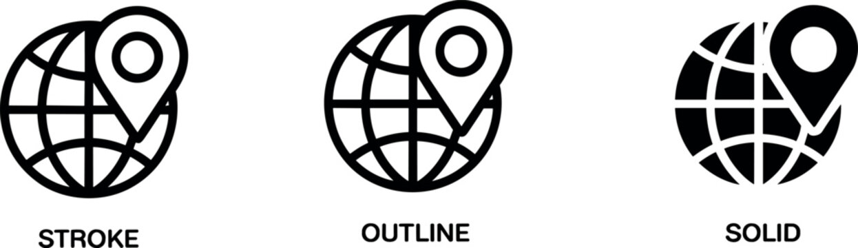 Global location pin icon set featuring earth globe with map marker in stroke outline and solid vector styles for web