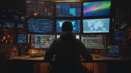 Obraz premium Person working with multiple computer screens displaying data and information