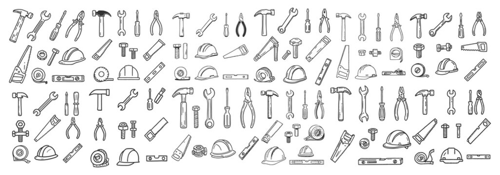 Industrial construction hand tools and safety equipment vector doodle collection for repair and DIY projects