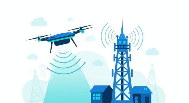 Drone inspecting cell tower, communication technology, wireless network, modern infrastructure