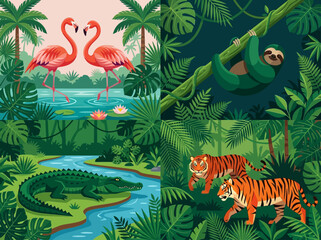 Fototapeta premium Set of 4 Jungle Wildlife Illustrations Featuring Tigers, Flamingos, a Sloth, and a Crocodile in Vibrant Tropical Rainforest Landscapes