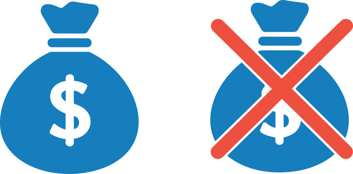 Blue money bag icon set with dollar sign and red cross mark representing financial loss bankruptcy or no cash.